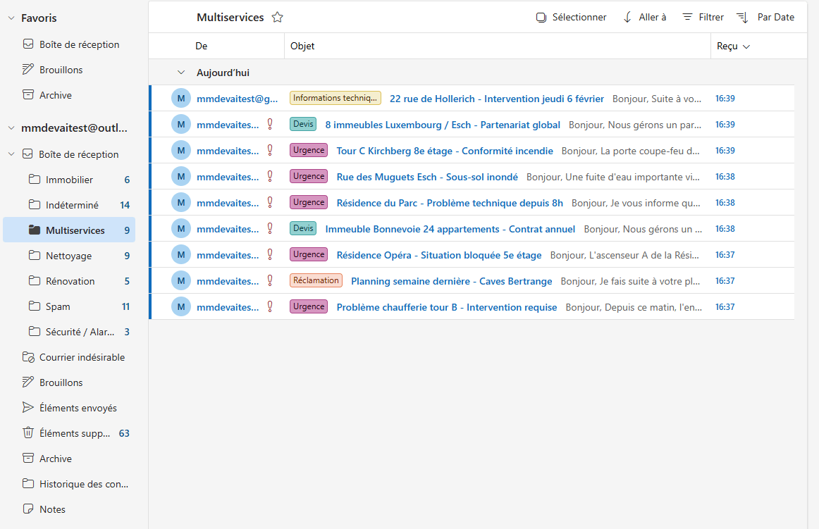 Exemple d'inbox classifiée par l'IA